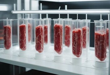 Wall Mural - Clean cell-based meat. Muscle and connective tissue cultured from animal cells. Lab-grown meat.