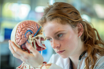 A medical student studying a human anatomy model