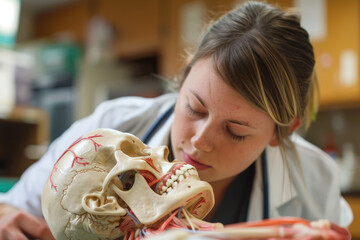 A medical student studying a human anatomy model