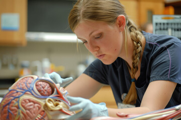 A medical student studying a human anatomy model