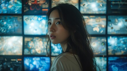 Poster - A young Asian woman watches a hologram screen. Technology used in business.