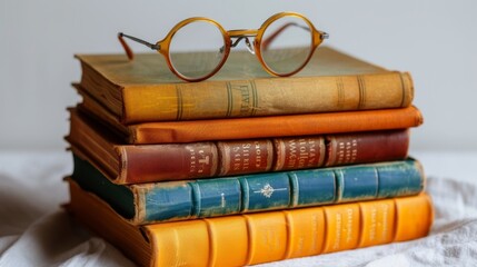Poster - World Book Day concept. A stack of books on a white background. Glasses atop the top book. Holder with the letter name.
