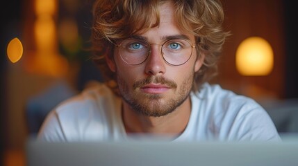 Poster - Young millennial guy using laptop computer for online communication or work on blue studio background
