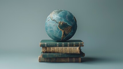 23rd April is World Book Day. Open book over planet on white background, Mental Health Day concept, books pile and globe, World literature concept, knowledge information, earth day concept.