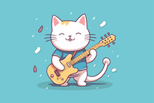 Cute Cat Playing Guitar Flat Design Vector Illustration