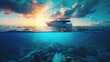 beautiful sunlight seaview safari dive boat in tropical sea with deep blue underneath splitted by waterline. Design template