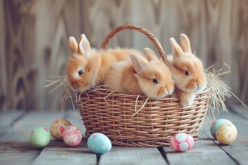 Easter bunnies in a wicker basket, colorful eggs nearby, holiday concept