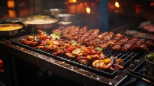 Close-up Of Street Food Being Prepared, Sizzling Grill With Various Meats And Vegetables, Smoke And Steam Rising, Focusing On The Vibrant And Sensory Experience