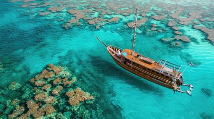 Wall Mural - Vintage wooden boat in coral sea. Boat drone photo.