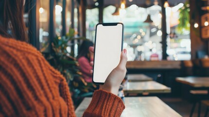 Poster - woman's hands holding mobile phone with blank screen in coffee shop. woman using smartphone, looking