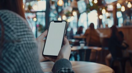 Poster - woman's hands holding mobile phone with blank screen in coffee shop. woman using smartphone, looking