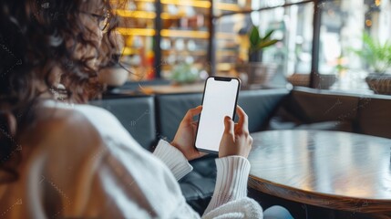 Poster - woman's hands holding mobile phone with blank screen in coffee shop. woman using smartphone, looking