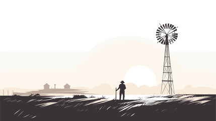 Abstract windmill with a farmer's silhouette  symbolizing renewable energy on the farm. simple Vector art