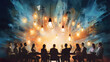© ShadowHero - Teamwork in Motion: Businesspeople Outlines Amidst Dynamic Lighting, Signifying Collaboration and Professional Energy.