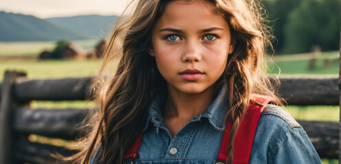 Wall Mural - portrait girl child farmer wearing overalls standing and leaning on wooden fence outdoor on rural area with copy space 