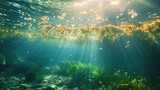 Fototapeta Do akwarium - A vibrant underwater scene illuminated by the sun's rays