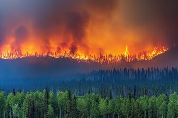 Distant view of sweeping wildfires in the forest, a panoramic spectacle of nature's destructive power, Photo --ar 3:2 --stylize 50 --v 6 Job ID: 84b1f2b4-6bd9-4001-b87d-aaa207caf29f