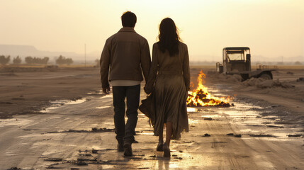 Wall Mural - Serene man and woman are walking down a rural dirt road under a clear sky. The couple is casually dressed and appears to be enjoying a leisurely stroll