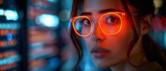 Leinwandbilder - Code analytics, information technology, and gdpr overlay with software, data hologram, and woman. Programmer coding or IT person in glasses reading HTML script.