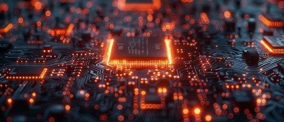 Aufkleber - Concept Visualization of Advanced Technology: Circuit Board CPU Processor Microchip Inserting Artificial Intelligence Digitalization of Neural Networks. Digital Lines Move Data.