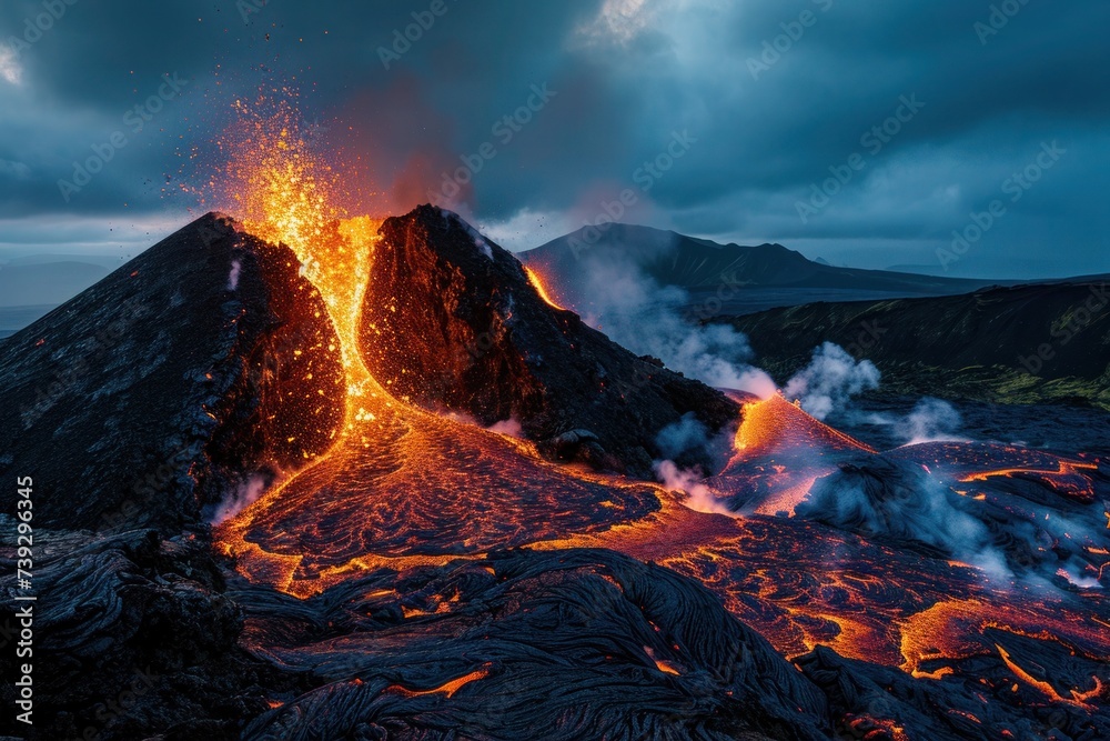 Volcanic chaos: molten lava spews from the crater, creating a striking ...