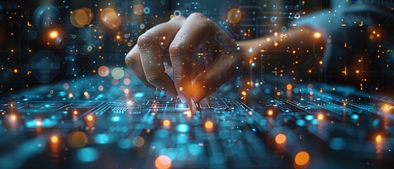 Aufkleber - An entrepreneur touches the next generation technology on digital data networks for cyberspace, the Internet, digital software development, algorithms, and metaverses.