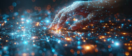 Aufkleber - The hand touching of a businessman regarding digital data network transformation for next generation technology in cyberspace, the Internet network, digital software development, algorithms, the