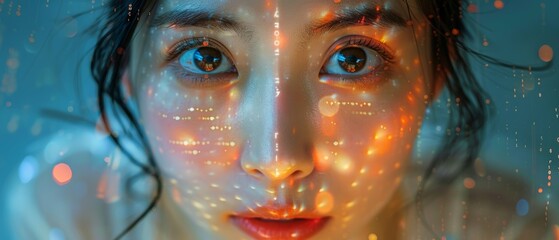 Leinwandbilder - Photograph of Asian Female Entrepreneur Working on Computer with Lines of Code Projected on Her Face. Software Developer Using AI to Develop an Innovative E-Commerce App using Big Data.