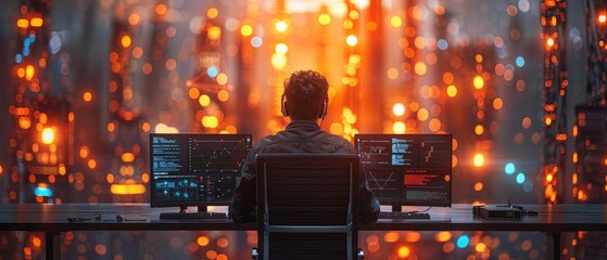 Poster - Engineer Programming at His Workstation. Man Plans and Expands the Enterprise's Network Structure at His Office.