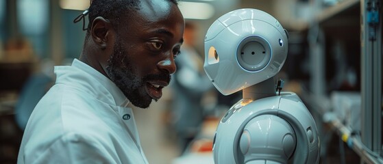 Leinwandbilder - Engineers from several ethnicities discussing a robot dog concept with engineers from a high-tech facility. Industrial scientists work behind the engineers.