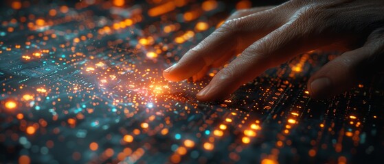 Fototapete - Data science and big data technology with a person touching the data on a virtual screen. Business analytics, artificial intelligence, machine learning. Engineer or scientist analyzing data streams.