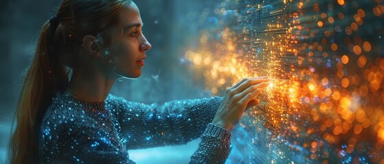 Fototapete - In a big data world, data scientists and engineers touch virtual screens to analyze stream of data. Business analytics, artificial intelligence, machine learning, engineer analyzing stream of data.
