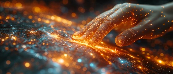 Aufkleber - Data concept. Artificial intelligence. Business woman hand touching. Future of cyberspace. Science and innovation.