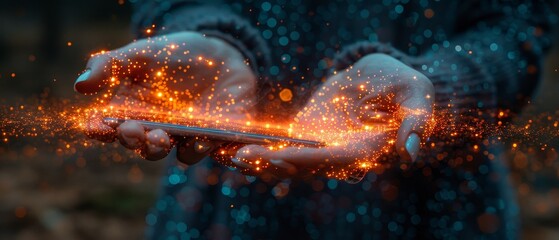 Aufkleber - Blockchain and Metaverse technologies concepts. Person experiencing a virtual world through a smart phone. Futuristic tone. Conceptual photograph.