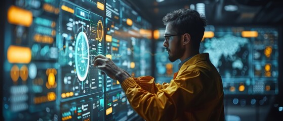Aufkleber - Using virtual touch screens to analyze financial graphs is a future technology solution for business development involving data science, business analysis and strategy, and big data.