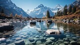 Fototapeta Natura - Alpine lake surrounded by snow-capped mountains, crystal clear water revealing the rocky bottom, pristine and untouched nature, Photography, high-resolution ima