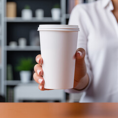 Wall Mural - Woman hand holding blank white coffee cup for mockup