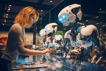 Poster - A female scientist examines robots.