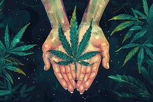 Illustration Of Hands Holding Green Marijuana Leaf On Dark Background