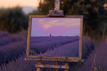 Wall Mural - Lavender field painting displayed on easel under a cloudy sky