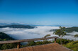 View of forest, mountains and wooden deck with fog in morning at Huai Kub Kab, Chiang mai, Thailand