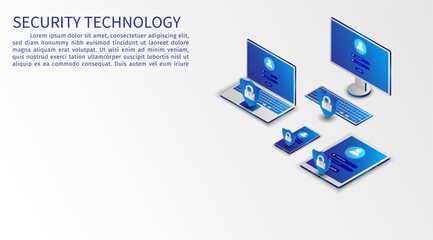Leinwandbilder - Isometric network security information transfer background. Data security modern concept. A transparent shield of the computer, phone, and laptop from virus attacks and hackers. vector illustration.