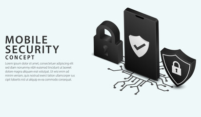 Aufkleber - Isometric smartphone security technology. Online Protection system concept with phone and lock. Data privacy secure. VPN protect banner and Safety internet technology. 3D Vector illustration.