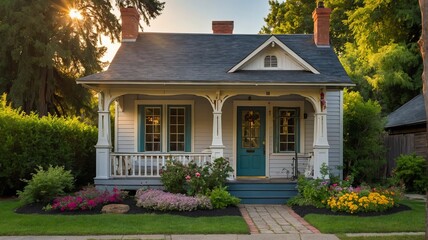 Wall Mural - Small old antique house with entrance porch and front yard lawn and flower beds, with morning sunlight from Generative AI