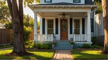 Small Old Greek Revival House With Entrance Porch And Front Yard Lawn And Flower Beds, With Morning Sunlight From Generative AI
