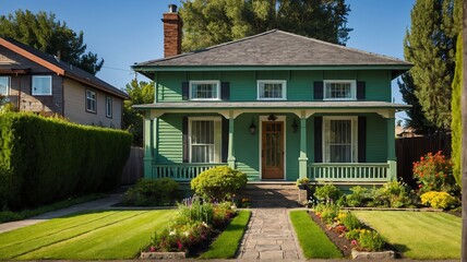 Wall Mural - Small old green theme house with entrance porch and front yard lawn and flower beds, with morning sunlight from Generative AI