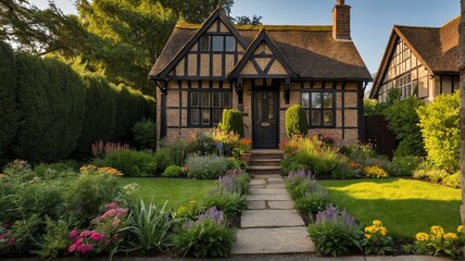 Wall Mural - Small old tudor house with entrance porch and front yard lawn and flower beds, with morning sunlight from Generative AI