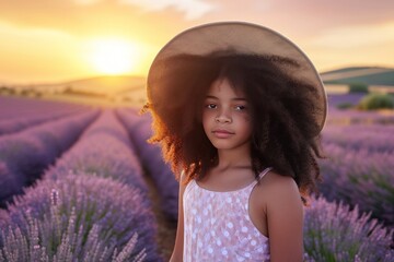 Wall Mural - a little girl wearing a hat is standing in a lavender field at sunset