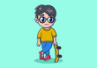 © Adipra - Cute man character standing with skate board illustration. Isolated background