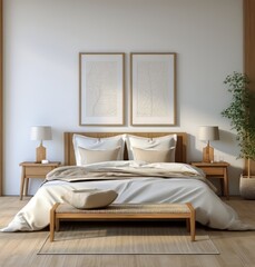 Wall Mural - Modern bedroom decor with neutral tones and elegant minimalism at daytime